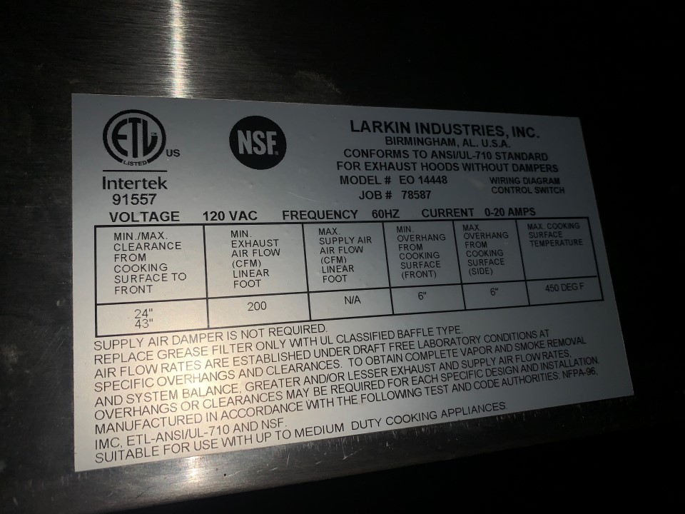 Larkin EO 14448 12' Exhaust Hood, Transamerican Equipment Company